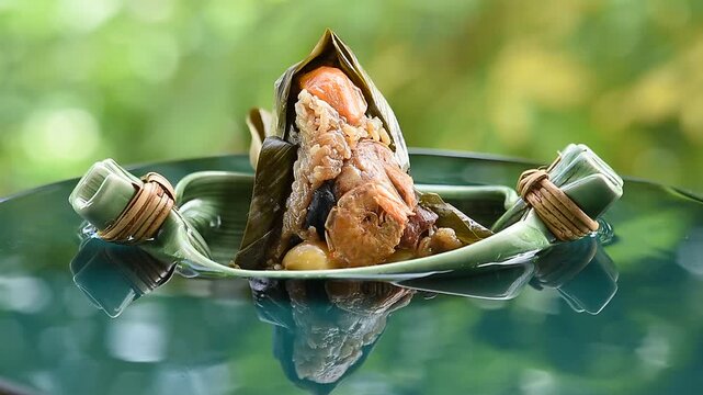 Zongzi or sticky rice dumplings placed on floating vessel against natural backdrop.