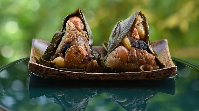 Zongzi or sticky rice dumplings placed on floating vessel against natural backdrop.