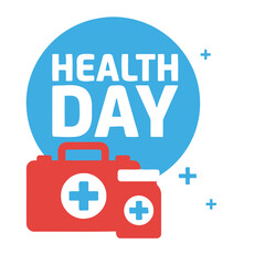 Fototapeta premium Health Day Celebration with Red First Aid Kit and Medical Supplies, Flat Design Vector Isolated on White