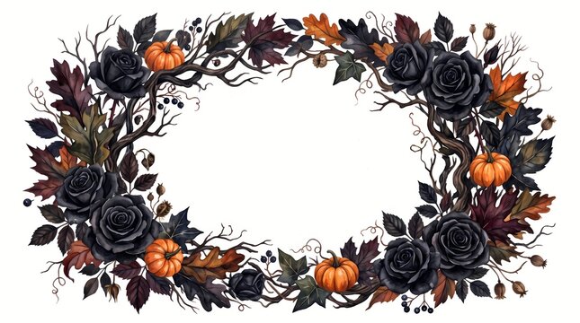 Gothic Halloween Oval Frame Border with Black Roses Pumpkins and Autumn Leaves