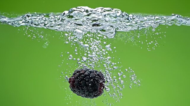 Blackberry splashing into water with green background