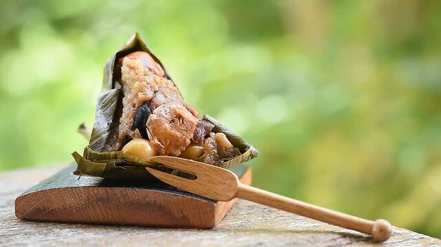 Zongzi or sticky rice dumplings placed on natural background.