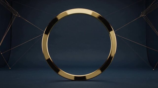 Appearing spark cluster sweeping up, pulling gold beams to center gold ring in studio, showing glow