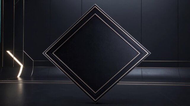 Entering diamond panel rotating down to stage, settling center as focal with metal frame on floor