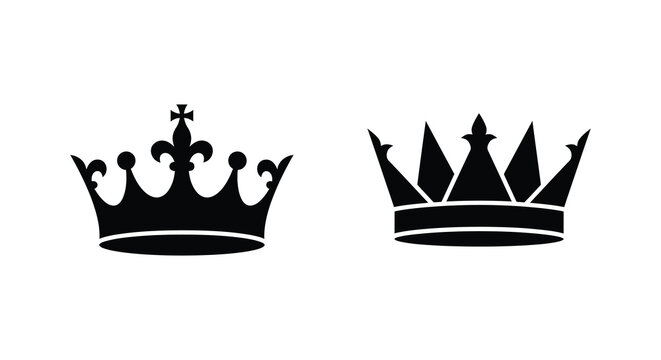 Two black royal crowns depicted as flat silhouettes against a white background silhouette crown regal monarchy