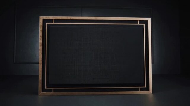 Showing large brass frame sliding inner frames, forming recessed panel, bright light rising right
