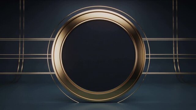 Camera zooming, gold rings moving forward on navy studio, revealing inner rim, rails, spotlight
