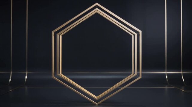 Animating nested gold hexagonal frames shifting scale, shrinking inner hexagon, creating depth glow