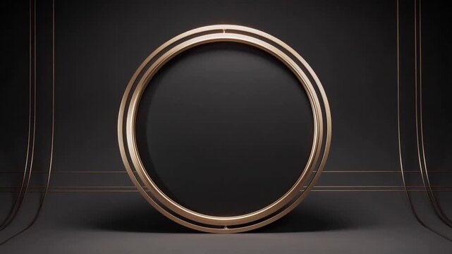 Panning revealing rotating gold nested rings aligning on dark set with pins to form circular frame