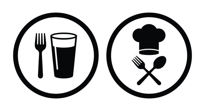Two Circular Icons Depicting Dining And Culinary Elements In Black Silhouette restaurant food beverage chef cook