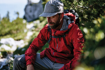Fototapeta premium In a serene nature setting, a man sits and rests under a tree while wearing a bright red jacket, embodying the spirit of exploration and the beauty of solitude in nature.