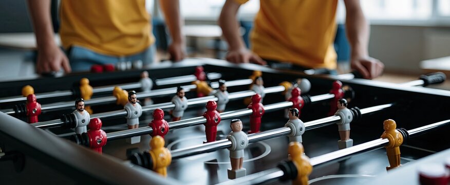 Modern foosball table with colorful players in an energetic indoor recreational setting.