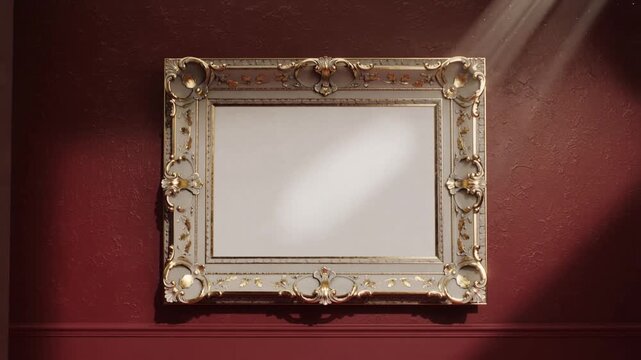 Pulling back camera revealing ornate gilded frame on deep red wall, showing blank canvas, dust