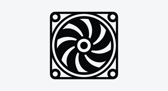 Computer cooling fan with curved blades and mounting holes dark blue silhouette axial blower housing ventilation