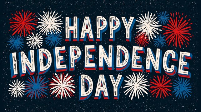 Happy independence day hand lettering greeting with red white with blue firework bursts against dark