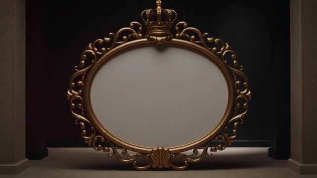 Moving oval gold frame in alcove while camera pulling, light shifting showing crown and blank panel