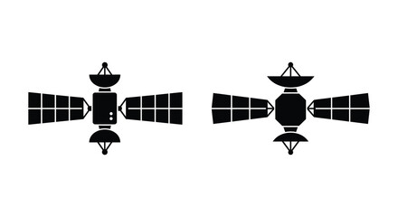 Two depictions of a sputnik satellite in black silhouette against a white background spacecraft orbital vehicle © Gahima