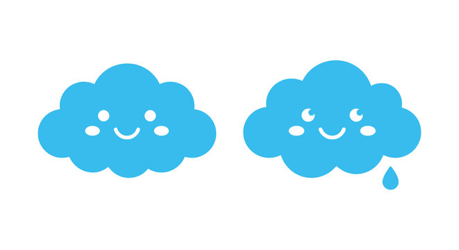 Two blue cloud silhouettes with smiling faces and a single raindrop flat vector illustration silhouette clouds