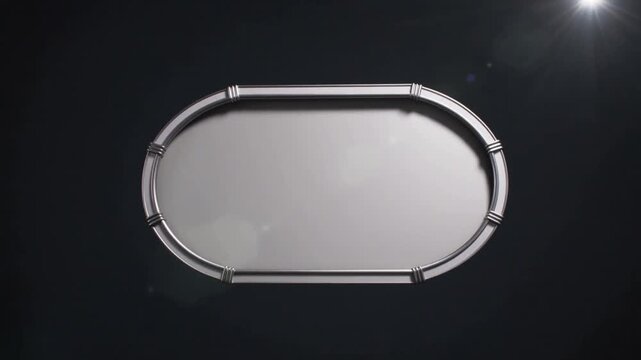 Appearing metallic oval frame with gold ribbons sweeping in from left space, revealing clear panel