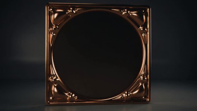 Rotating ornate square metal frame after edge-on reveal to lens in studio, revealing corner motifs