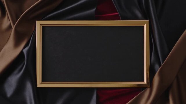 Viewpoint zooming frame gently centering on draped satin tabletop, highlighting gold border