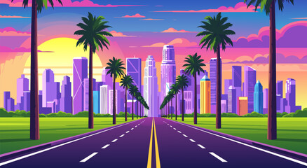 Naklejka premium Vibrant Sunset Cityscape Vector Illustration Design Featuring A Palm Tree Lined Road Leading To A Modern Urban Skyline Background 44