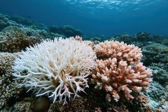 Bleached White Coral Next to Pink Coral on Tropical Reef &mdash; Climate Change Concept