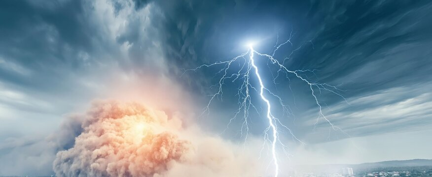 A striking electric bolt cuts through dark storm clouds, creating a vivid energy display with smoky elements.