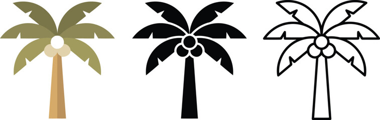 Set of three stylized coconut palm tree icons, depicted in full color, solid black fill, and outline stroke styles, perfect for tropical themes and web design. © Shoaib