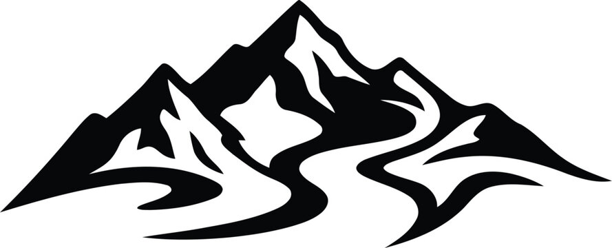Stylized black and white mountain peaks and winding river graphic design element, perfect for adventure logos or outdoor-themed branding