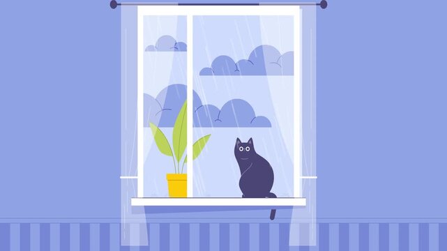 2D Animation of Cute Cat Sitting on Windowsill Watching Rain