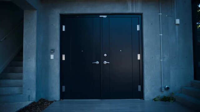 Closing double black doors from open to closed at entrance, with hydraulic closers securing entry