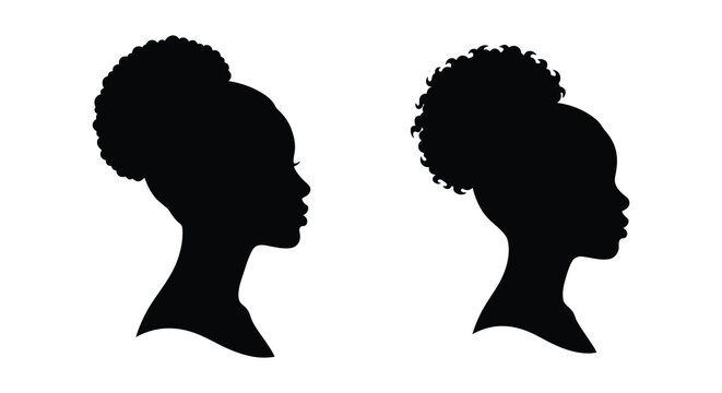 Two female head silhouettes in profile with afro hairstyles against a white background silhouette african american
