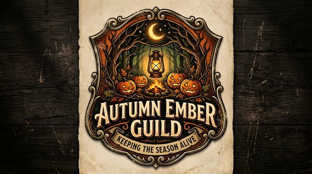 Autumn ember guild logo with pumpkins and lantern on a wooden background, keeping the season alive with a vintage feel and spooky elements