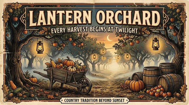 Lantern orchard scene with wheelbarrow full of pumpkins and apples at twilight with barrels and lanterns hanging from trees in a rural setting