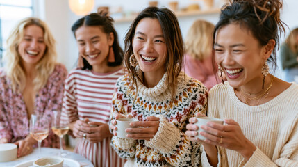 Obraz premium Four women enjoying a joyful gathering with drinks, laughter, and cozy sweaters.