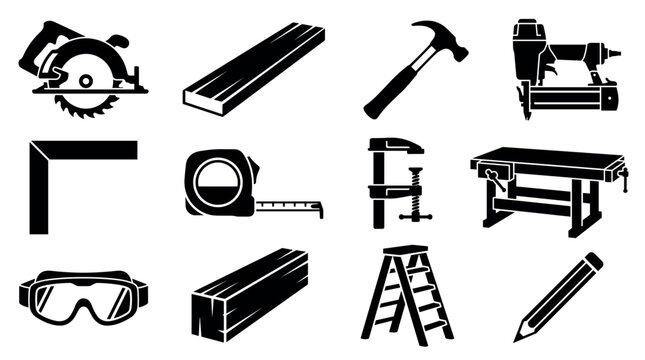 Carpentry and woodworking tools vector icon set in black silhouette style