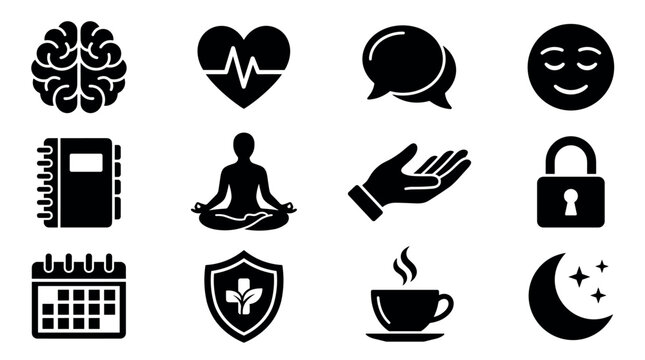 Mental health and self care glyph icon set, vector symbols of wellness, meditation, and mindfulness