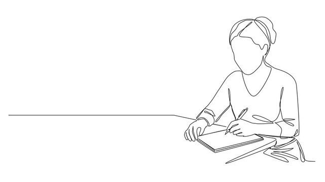 animated continuous line drawing of woman taking notes on notepad or writing in diary or journal, line art animation