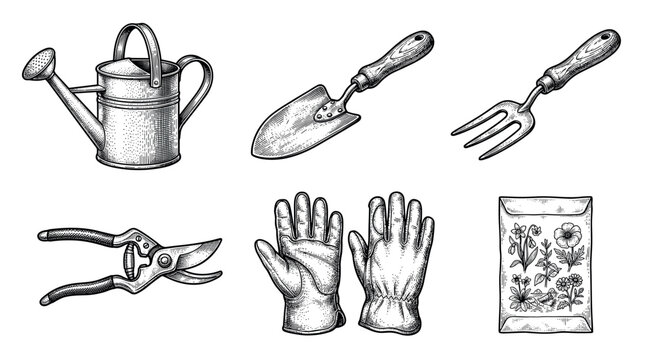 Vintage engraving style vector illustration set of gardening tools including watering can, trowel, fork, pruner, gloves, and seed packet