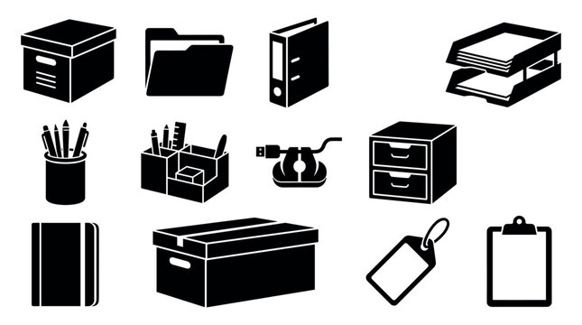 Office organization and stationery supplies vector icon set