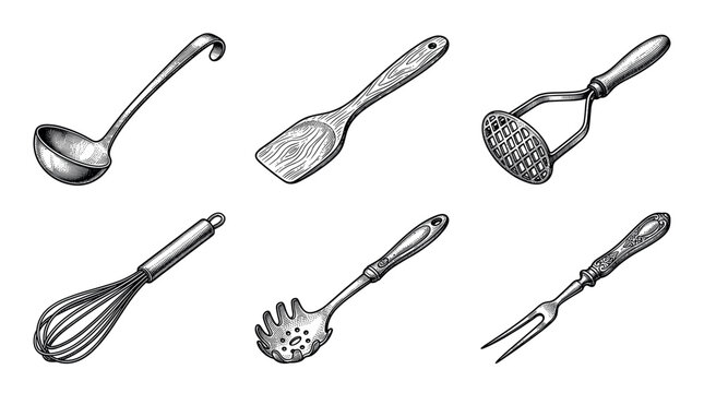 Kitchen utensils and cooking tools vector illustration set in vintage engraving style