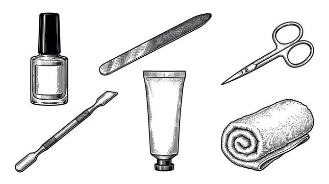 Manicure and pedicure tools vector illustration set in vintage engraving style