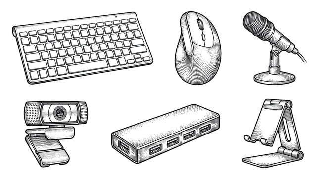 Computer accessories and workspace hardware vector illustration set in vintage engraving style