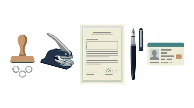 Notary public and legal documentation tools flat vector illustration set