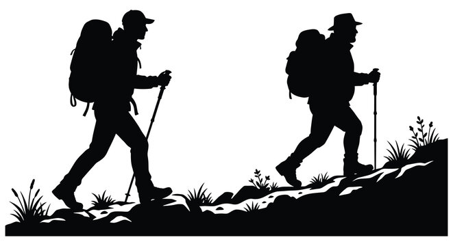 Two hikers with backpacks and walking sticks depicted as a black silhouette hiking backpackers backpacking trekkers