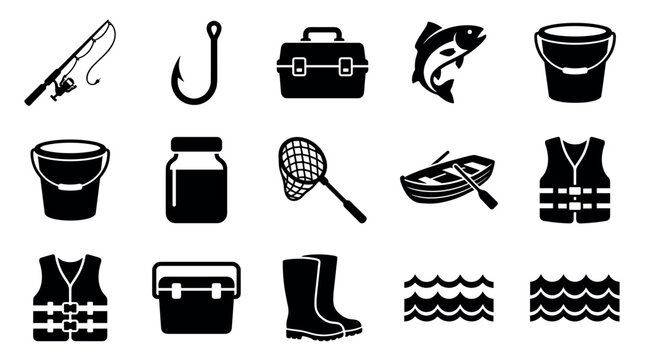 Fishing equipment and outdoor recreation vector glyph icon set