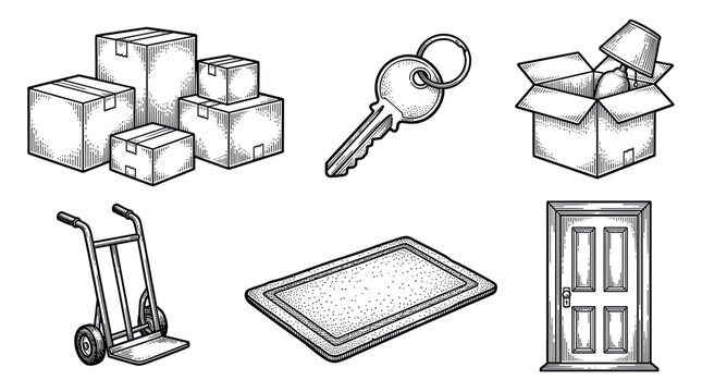 House moving and relocation vector illustration set with cardboard boxes, key, hand truck, doormat, and door