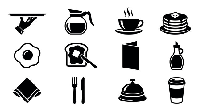 Breakfast and diner food vector icon set in black glyph style