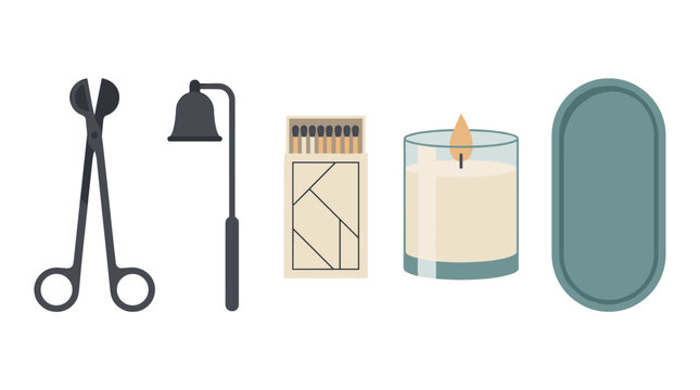 Flat vector illustration set of candle care accessories including wick trimmer, snuffer, matches, burning candle, and tray